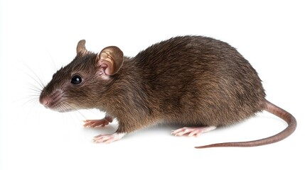 A brown rat with a long tail, looking to the left, against a white background.
