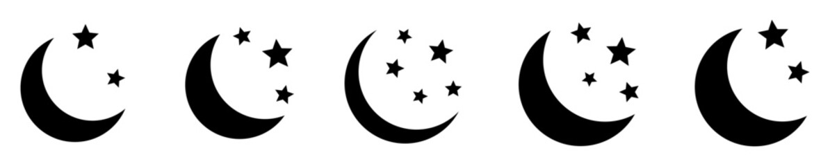 Crescent moon with stars icon on white background. Night icon. Crescent moon icon. Minimalist style.