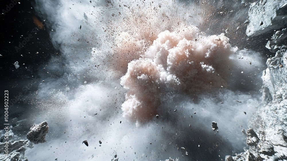 Poster dynamic explosion sends debris flying in a darkened environment, creating an atmospheric display of 