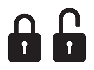Padlock icon, security icon. Black locked unlocked padlock icon.