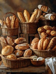 A cornucopia of baked delights, this image captures the rustic charm of a bountiful bakery display.