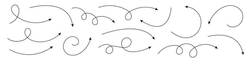 Collection of curved arrows. Set simple curved hand drawn arrows.