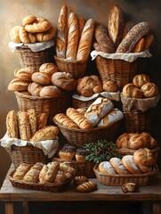 A cornucopia of baked delights, this image captures the rustic charm of a bountiful bakery display.
