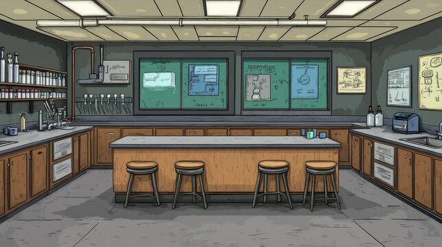 A cartoon illustration of a chemistry lab with a central work island with four stools, a large chalkboard, and multiple sinks.