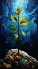 A small plant sprouts from a cluster of rocks, reaching towards the light.