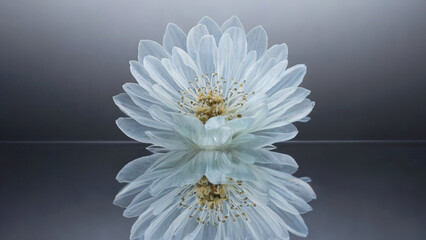 A delicate white flower with translucent petals, set against a gradient background transitioning from dark to light. 