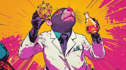 A cartoon rat wearing a lab coat and holding a beaker and a sphere, against a vibrant, stylized, yellow and purple background.