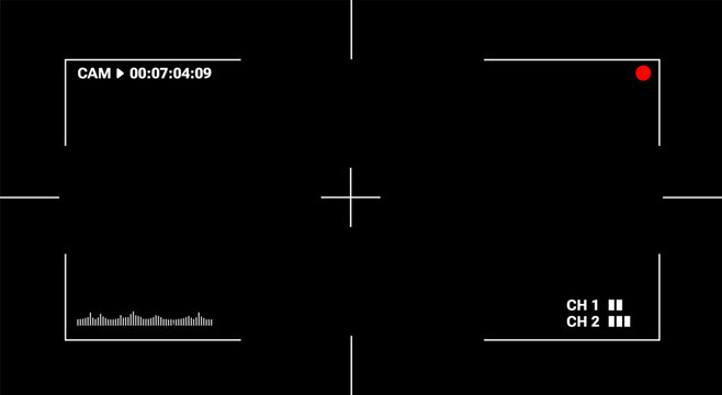 Camera frame viewfinder screen of video recorder digital display. Isolated Video screen frame on background. Editable text and empty video, channel picture. Realistic mockup design. 