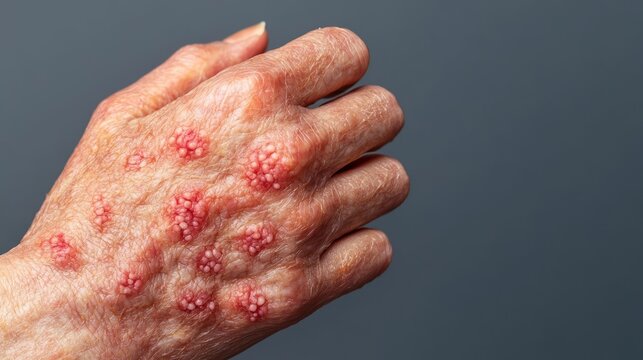 Detailed close-up of a human hand showing inflamed skin with raised pustules and lesions caused by a viral infection, capturing the texture of the affected skin