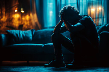 Silhouette of man sitting on sofa with head in hands, fear expressionless, emotional mood, creating an atmosphere of loneliness and despair

