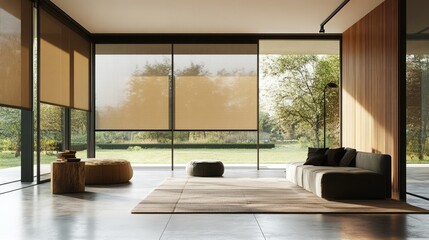 Fototapeta premium Modern bright interior of a living room in a modern house with large floor-to-ceiling windows. Generation AI