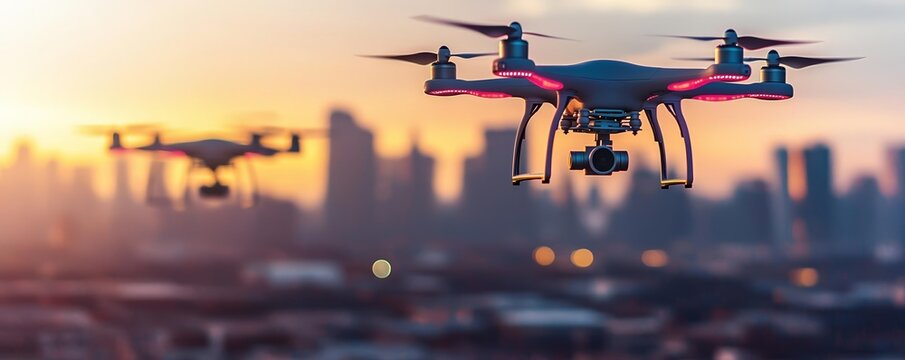 High-tech drones navigating a glowing cityscape at dusk, with soft sunlight filtering through the haze, symbolizing innovation in urban exploration