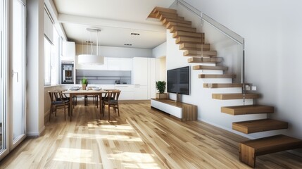 Fototapeta premium Modern Interior Design with Wooden Stairs