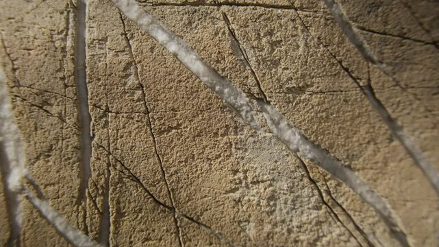 A detailed close-up of a cracked rock surface displaying distinct linear patterns. The natural cracks create intricate geometric shapes, highlighting the texture of the weathered stone.