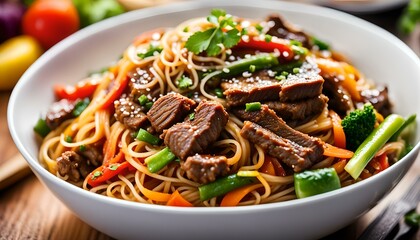 Stir fry noodles with beef and vegetable in white bowl. asian style food
