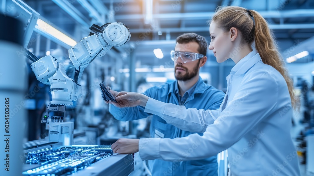 Poster engineers collaborating in a high-tech laboratory while analyzing a circuit board with robotic assis