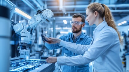 Engineers collaborating in a high-tech laboratory while analyzing a circuit board with robotic assistance in a modern facility