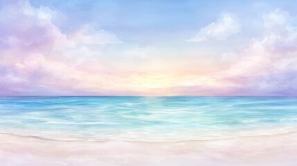 Obraz premium A serene seascape capturing soft pastel colors of the sky and calm waters, evoking a tranquil beach atmosphere at sunset.
