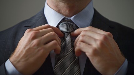 close-up of a man in a suit adjusting his tie