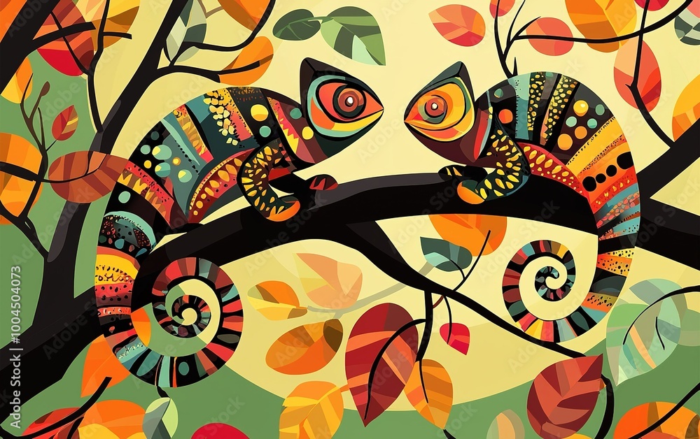 Poster Colorful chameleons interact on a vibrant autumn branch surrounded by falling leaves in a whimsical, artistic setting