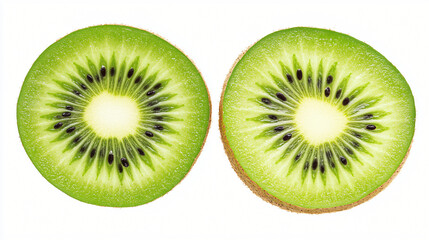 Fototapeta premium A refreshing kiwi sliced in half, showing its bright green flesh and tiny black seeds.