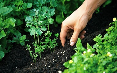 Cultivating a thriving garden with careful hand planting of seeds among vibrant green herbs and vegetables on a sunny day