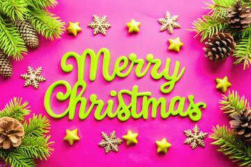 Bright and festive Merry Christmas message adorned with pine branches, stars, and snowflakes against a vibrant pink backdrop. Generative AI