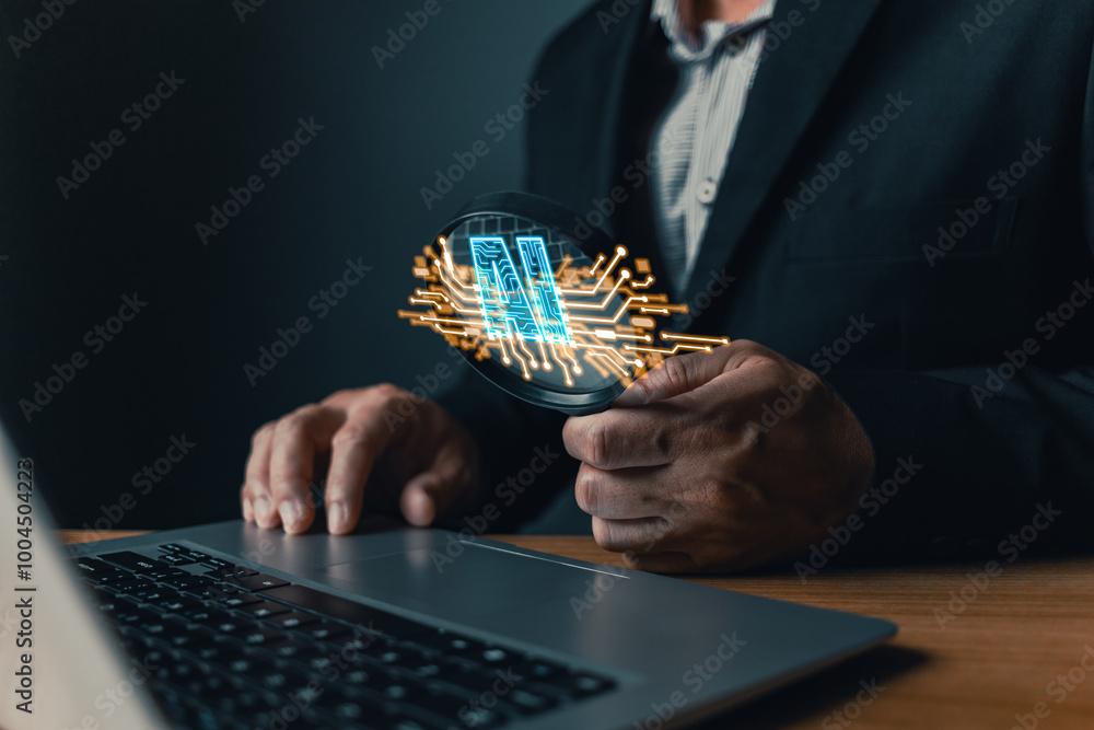 Aufkleber man stand holding magnifying glass. search and research by ai concept.digital artificial intelligenc