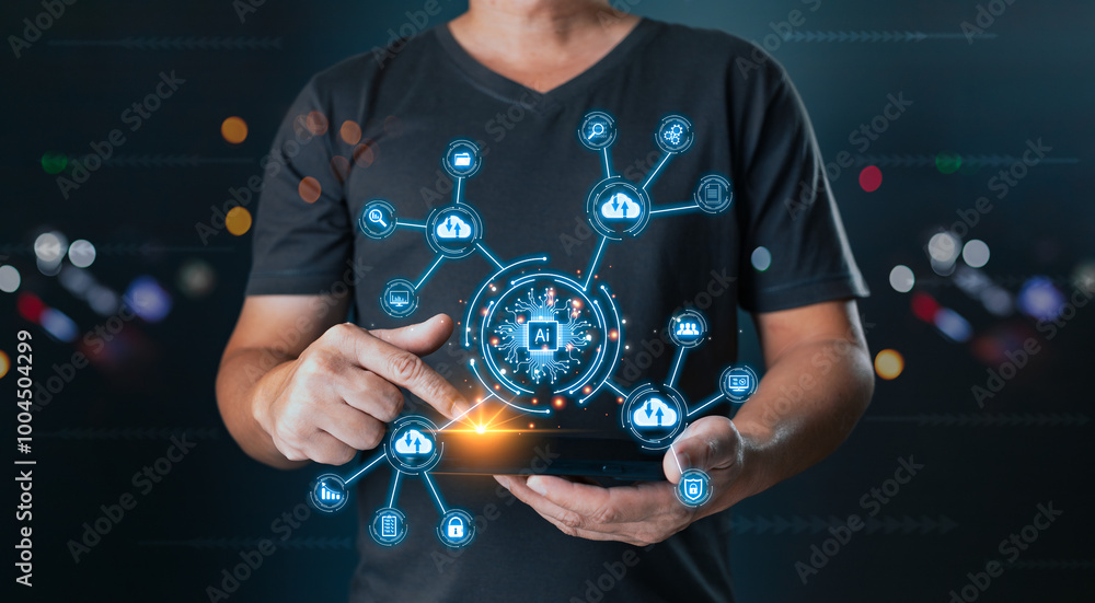 Aufkleber a person touch ai chip.new technology big data and business process strategy, customer service manag