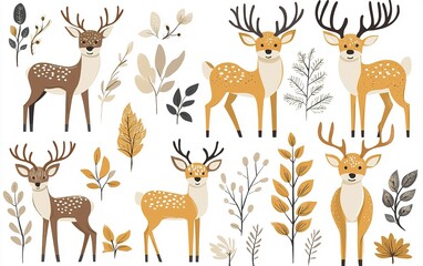 Charming woodland creatures in autumn hues roam gracefully among delicate flora in a serene nature setting