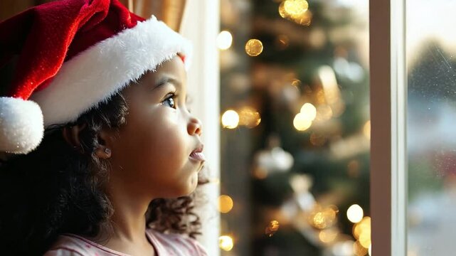 A little black girl wearing a Santa hat looks excitedly out the window, eagerly awaiting Christmas as festive lights twinkle nearby