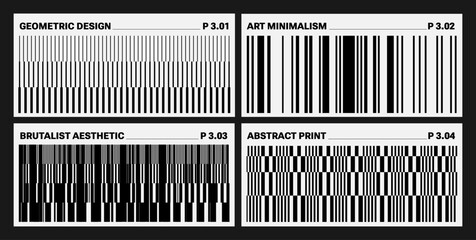 Modern Abstract Striped Posters. Brutalist geometric print. Design vertical template for event in Minimalism style. Retro futurism aesthetic for web page, posters. Blake and white