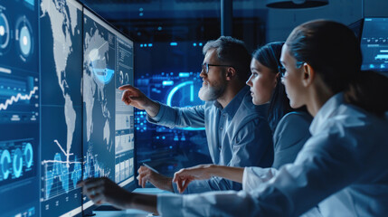 A leadership team in a high-tech office reviewing global business risks, using digital tools to assess risk factors and develop mitigation strategies.