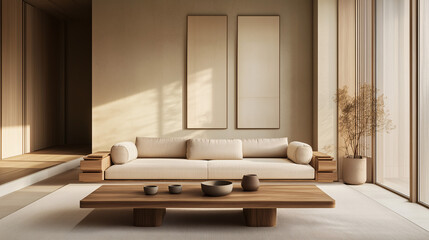 A minimalist living room featuring a sleek wooden coffee table, a neutral-toned sofa, and soft lighting from large windows. Clean lines and warm wooden textures dominate the space