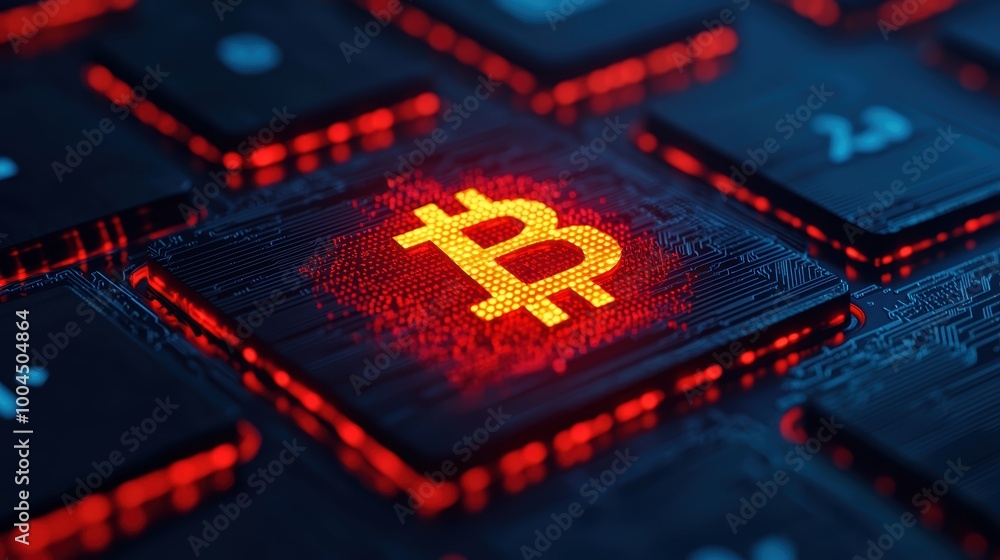 Poster red bitcoin symbol on keyboard key close-up