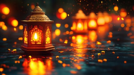 Festive Diwali theme with glowing lanterns and a clear area for text.