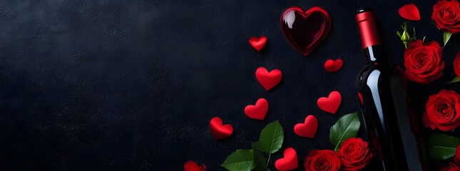 Romantic Valentine's Day Banner with Wine, Roses, and Hearts