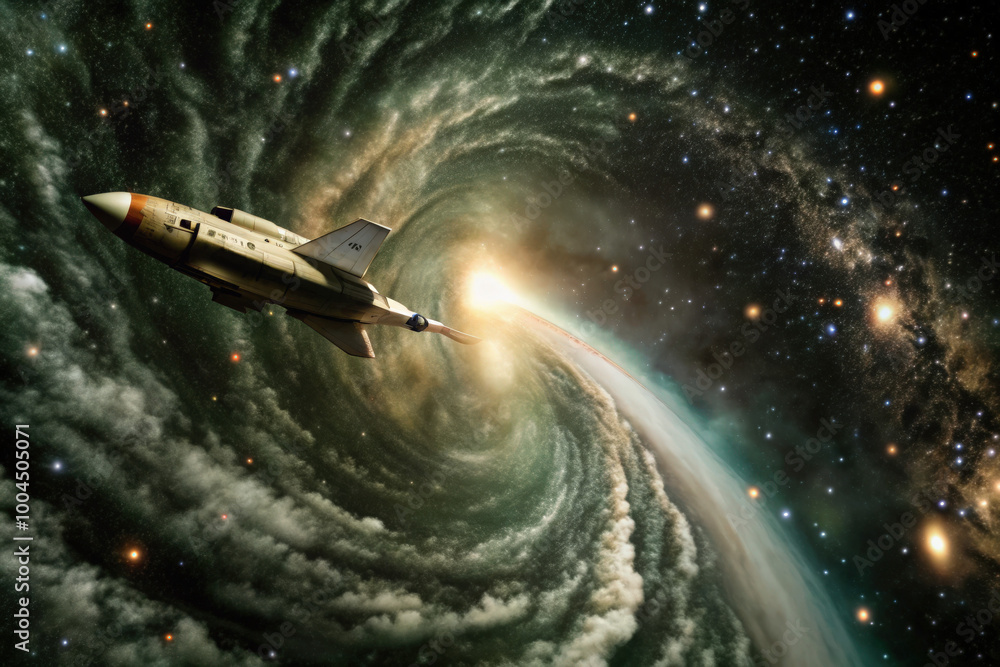 Poster a spacecraft arcs through a vibrant cosmic whirlpool, navigating the mysteries of the universe in de