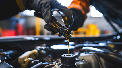 Close-up hand with a work glove of a mechanic, pouring a bottle of oil in car engine. engine oil change concept