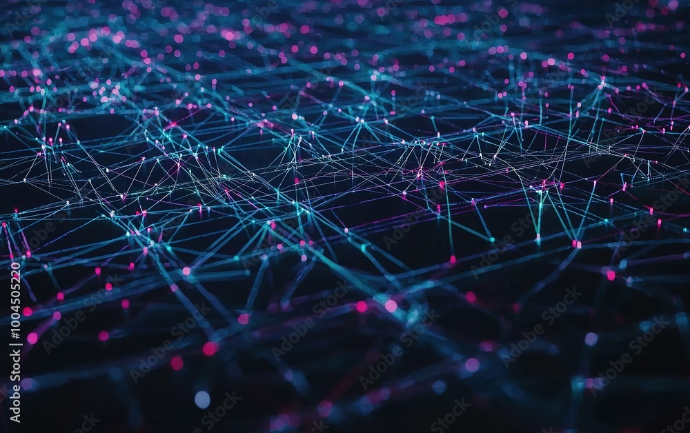 Poster a mesmerizing visual display of interconnected lines and nodes in a vibrant digital landscape at nig