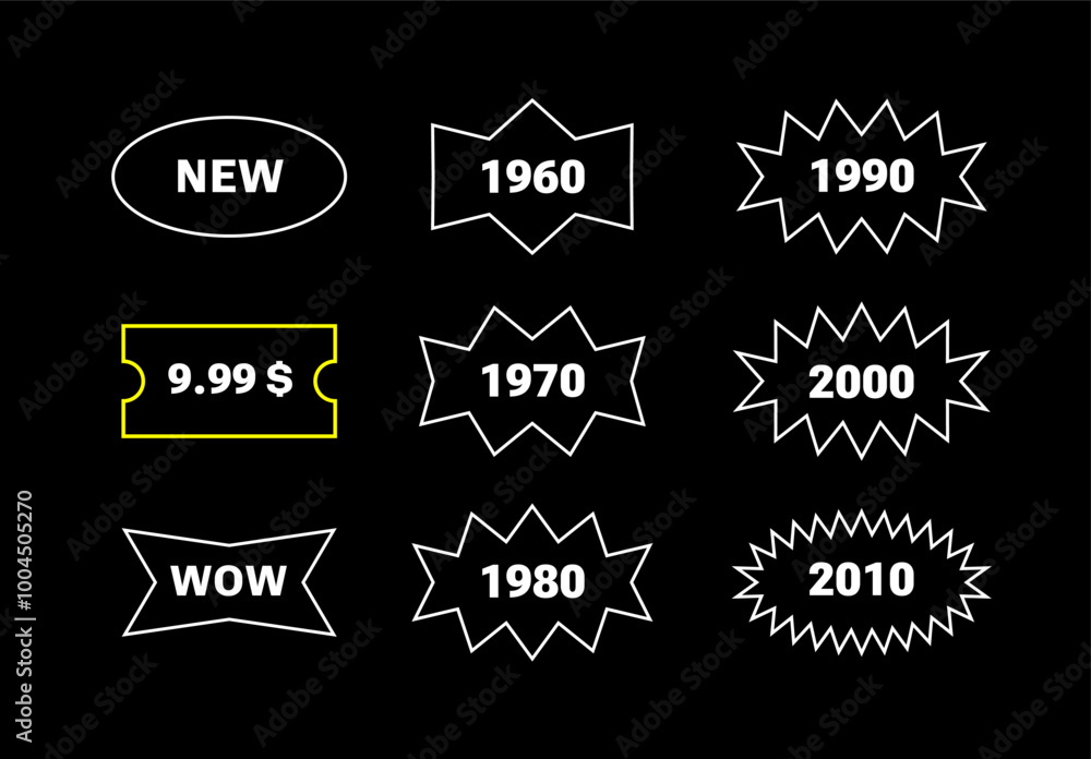 Poster retro futuristic simple y2k shapes for labelling. set of price sticker. zig zag abstract geometric e