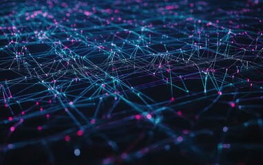 Obraz premium A mesmerizing visual display of interconnected lines and nodes in a vibrant digital landscape at night