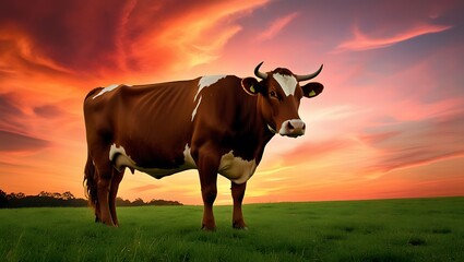 Cow Under a Sunset Sky captures the enchanting beauty of rural life as a cow stands silhouetted against a dramatic sunset. The warm colors of the setting sun create a breathtaking backdrop