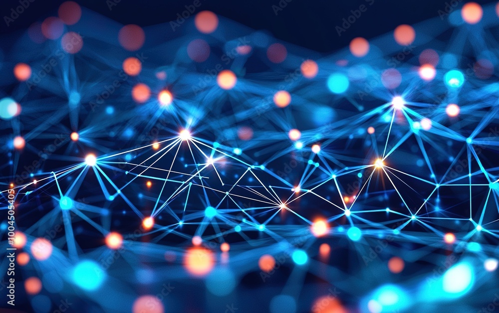 Poster a vibrant digital network illuminated by glowing nodes and interconnected lines, symbolizing data fl