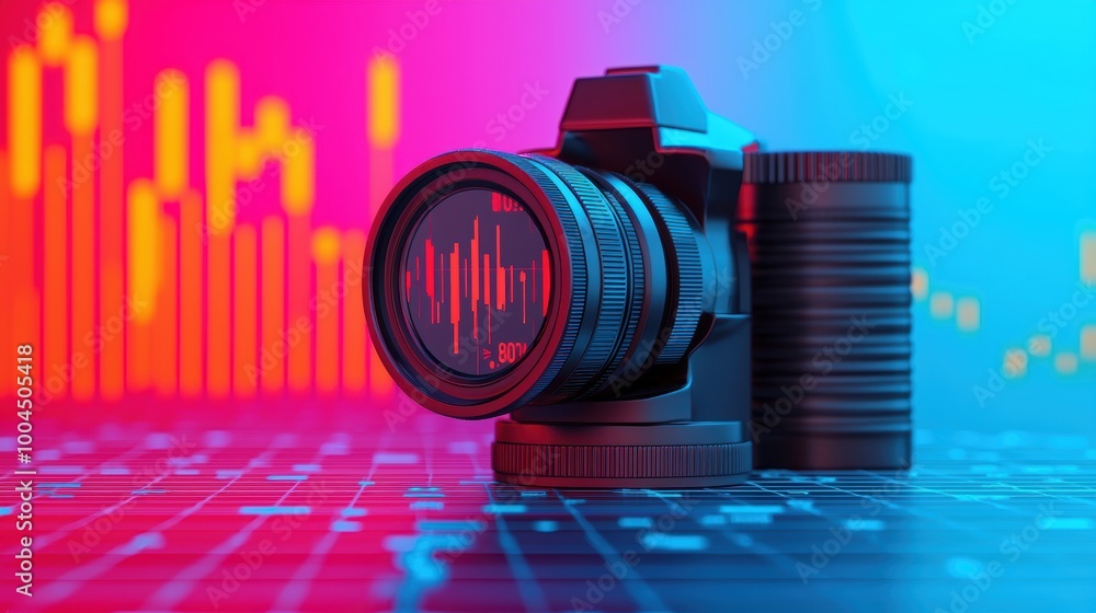 Poster camera with sound waves and colorful background