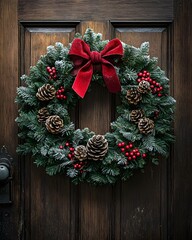 A festive Christmas wreath with a red bow hangs on a dark wooden door.