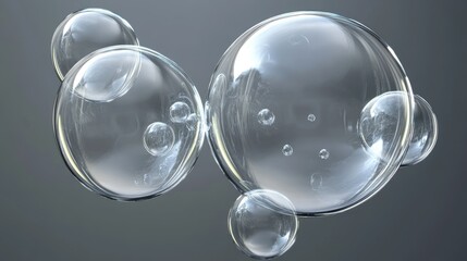 A cluster of transparent soap bubbles float against a gray background.