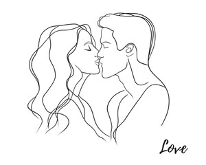 Vector love kissing couple logo brand design line art illustration, graphic outline. Man and woman kissing. Saint Valentines day. Couple logo. Great for any designs, textile, art, walls, package