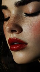 Close Up Portrait of a Woman with Red Lips and Freckles