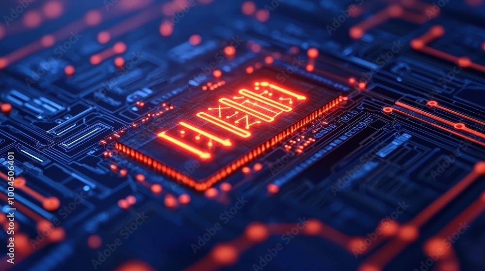 Poster abstract circuit board with glowing neon elements